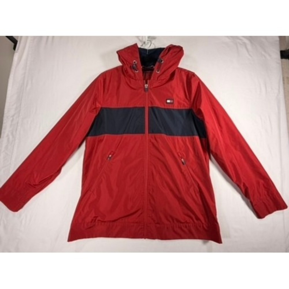 Tommy Hilfiger Sport Windbreaker Womens S Red Navy Colorblock Hooded Excellent